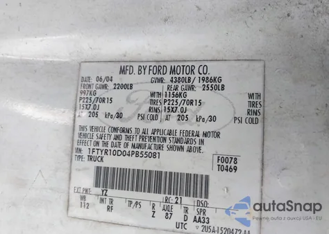 2004 Ford Ranger Xl/Xlt z USA, uszkodzony, nr VIN 1FTYR10D04PB55081